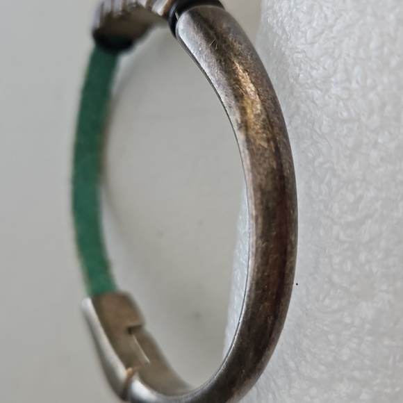 Teal Leather & Silvertone Metal Magnet Bangle Bracelet - Picture 3 of 5